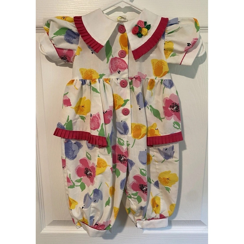 Vintage 90s Baby Togs Multicolor Floral Cotton Romper Ruffle Collar Size 12M